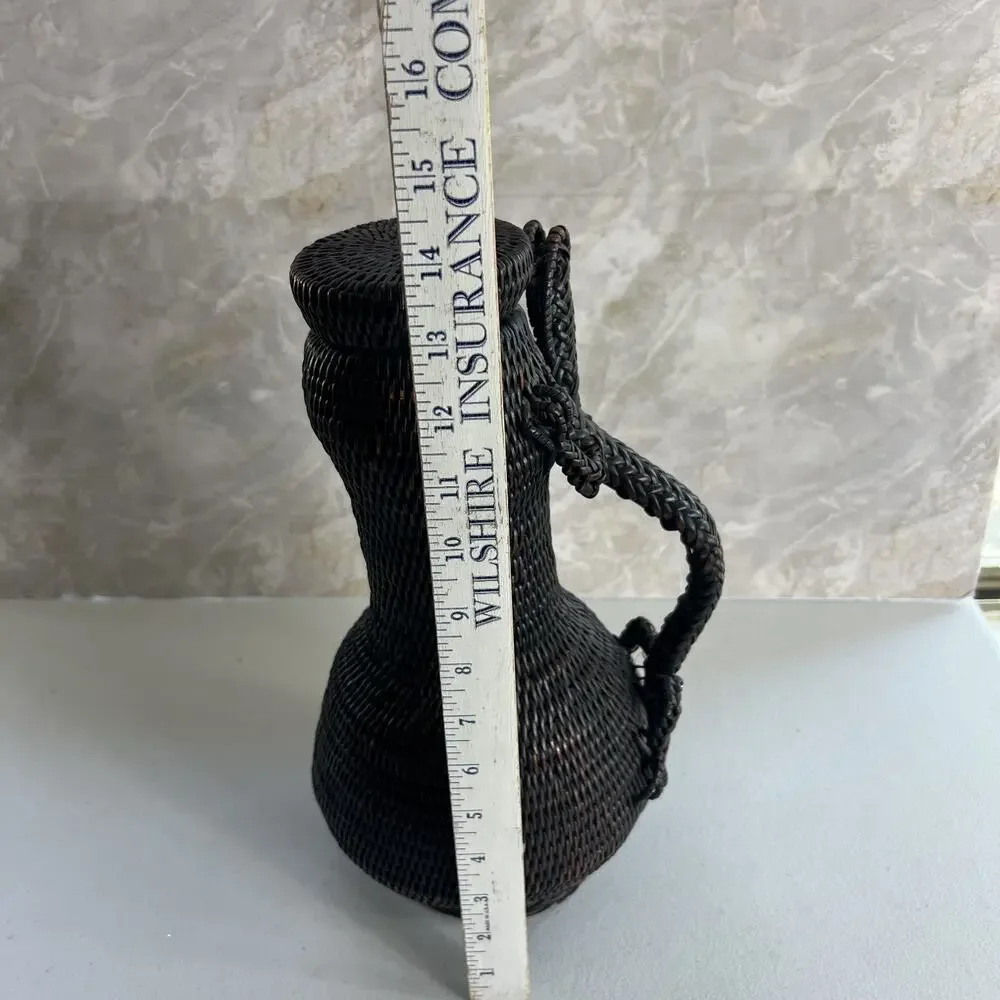 Woven Wicker Rattan Vase With Lizard Handle and Lid 13.5